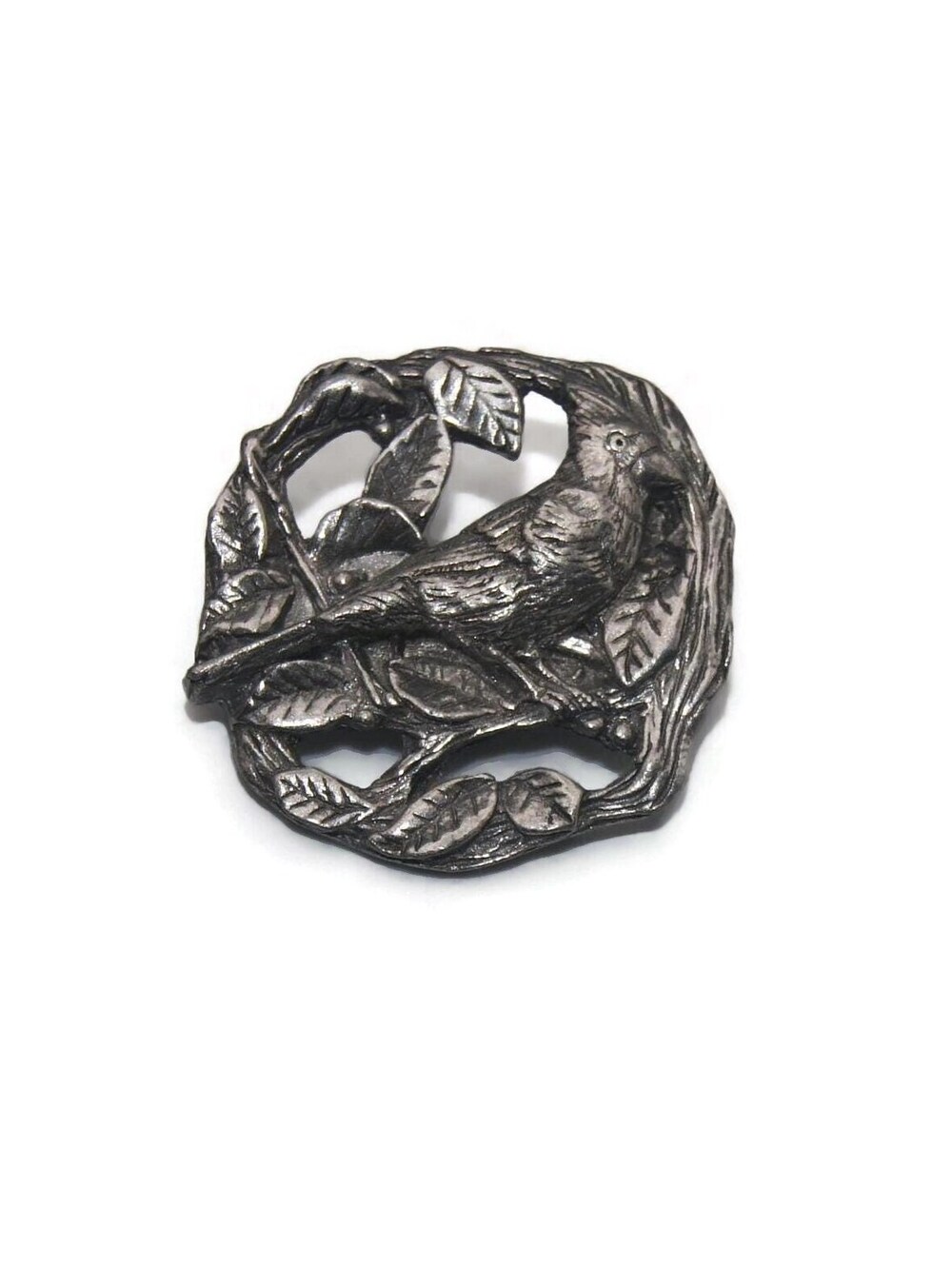 Vintage Bird and Blooms Pewter Cardinal Bird Brooch, Hallmarked.